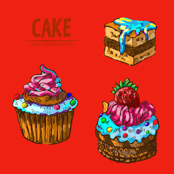 Vintage cake hand drawing vectors material 09