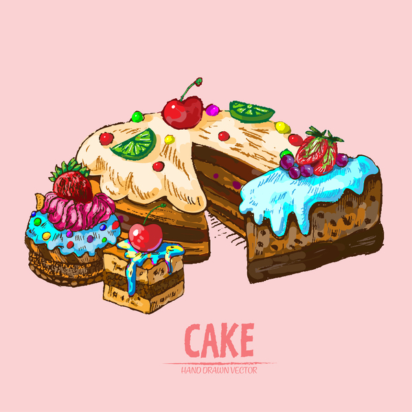 Vintage cake hand drawing vectors material 12