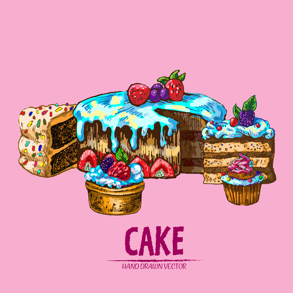 Vintage cake hand drawing vectors material 13