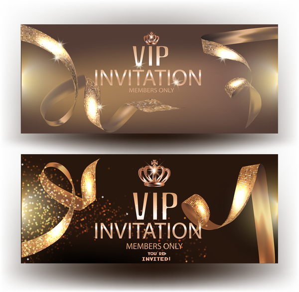 Vip elegant invitation cvards with gold beautiful ribbons vector