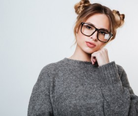 Wearing broad-brimmed glasses girl Stock Photo 05