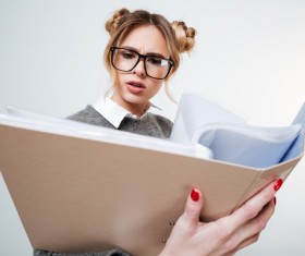 Wearing broad-brimmed glasses girl looking information Stock Photo 04