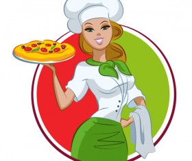 Woman chef with pizza and round frame vector