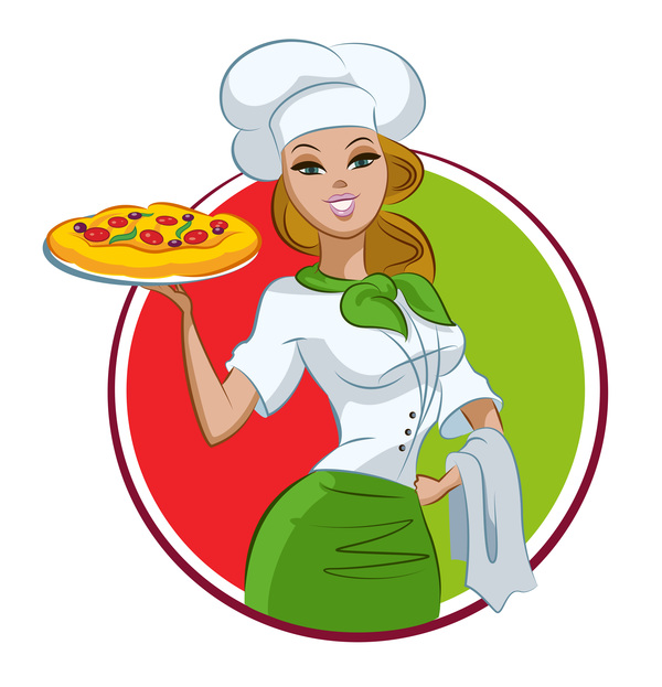 Woman chef with pizza and round frame vector