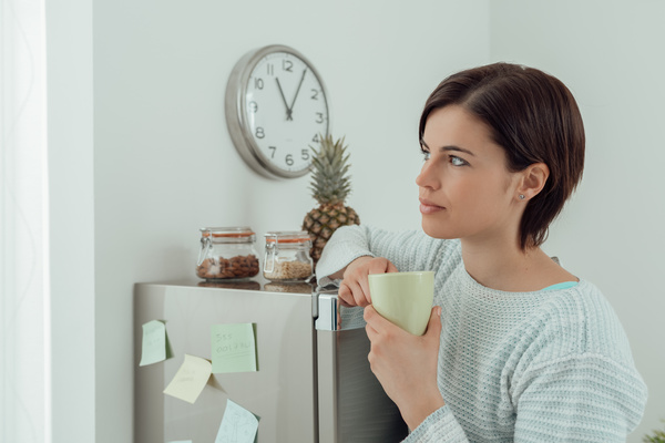 Woman resting at noon for coffee Stock Photo