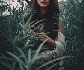 Woman standing in a plant bush Stock Photo