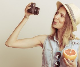 Woman using camera selfie Stock Photo
