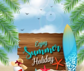 Wooden sign with summer beach background vectors 01