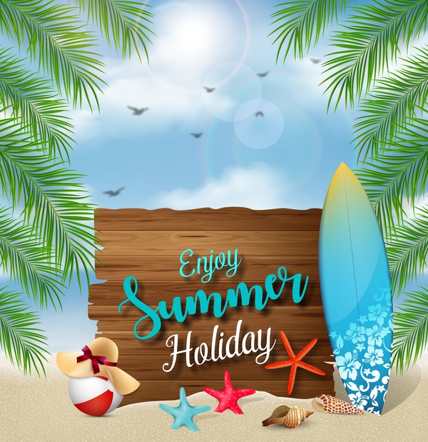 Wooden sign with summer beach background vectors 01