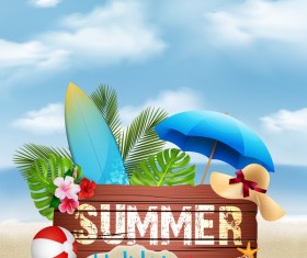 Wooden sign with summer beach background vectors 02