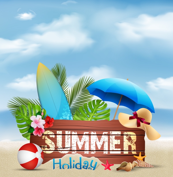 Wooden sign with summer beach background vectors 02