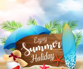 Wooden sign with summer beach background vectors 03