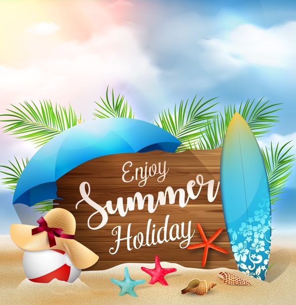 Wooden sign with summer beach background vectors 03