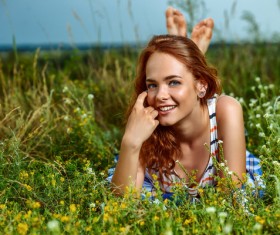 Young girl posing in flowers Stock Photo 03