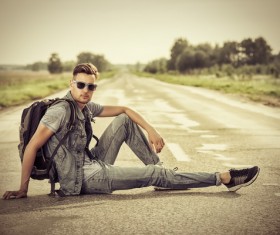 Young man posing on the road Stock Photo 02