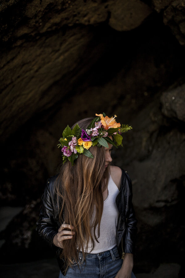 Young woman posing with flower wreath Stock Photo