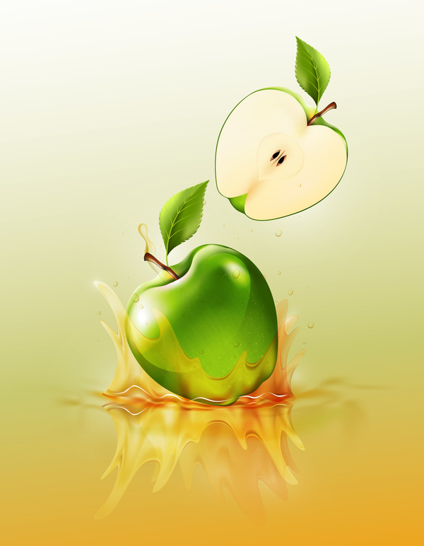 green apple splash yellow background vector