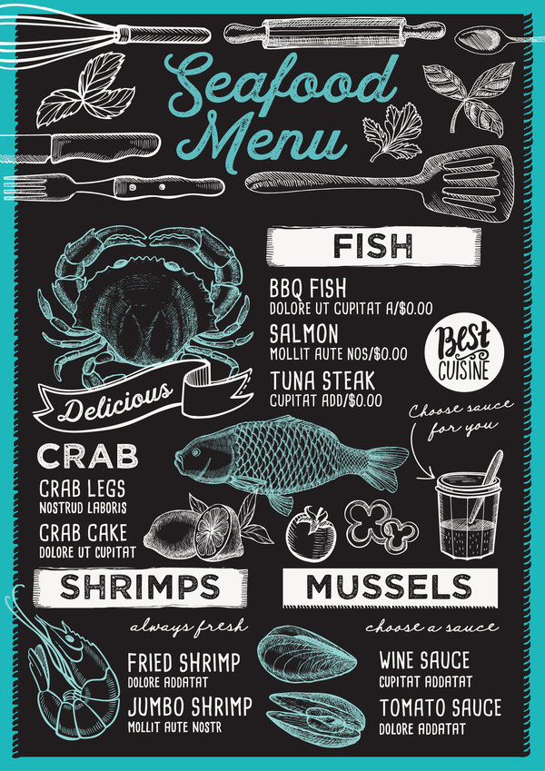 seafood menu vector template