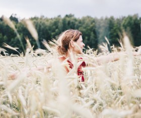 woman joyful in rice field Stock Photo