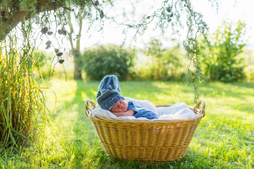 A baby sleeping in a wicker basket Stock Photo (1)