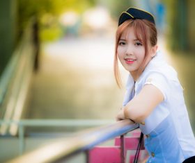 Beautiful flight attendants Stock Photo