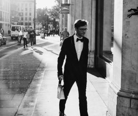Black white picture of elegant man on street Stock Photo