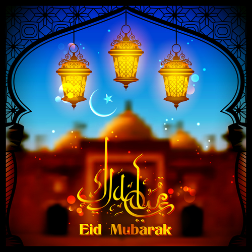 Blurs Eid mubarak background with arabic lamp vector