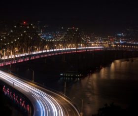 Bright cross-sea bridge at night Stock Photo 06