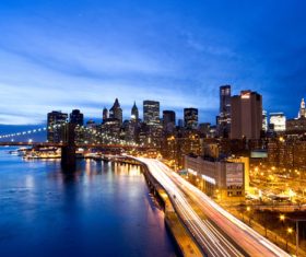 Brightly lit city and bridge Stock Photo 02