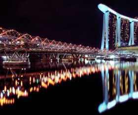 Brightly lit city and bridge Stock Photo 03