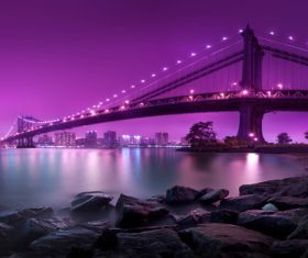 Brightly lit city and bridge Stock Photo 07