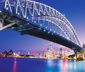 Brightly lit city and bridge Stock Photo 08