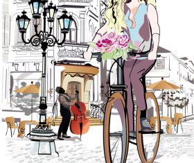 Cafe with girl and bicycle vector