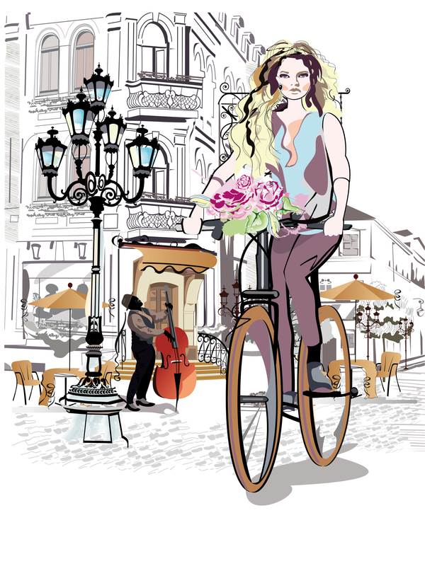 Cafe with girl and bicycle vector