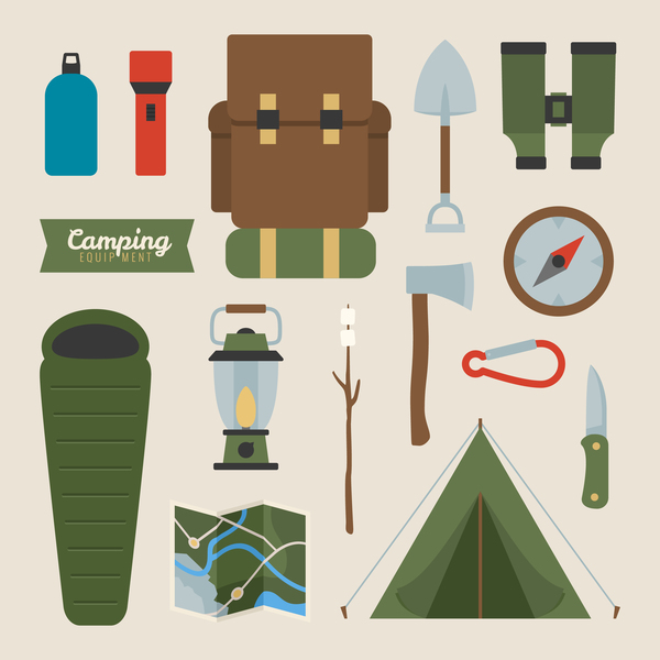 Camping equipment design elements vector set 05