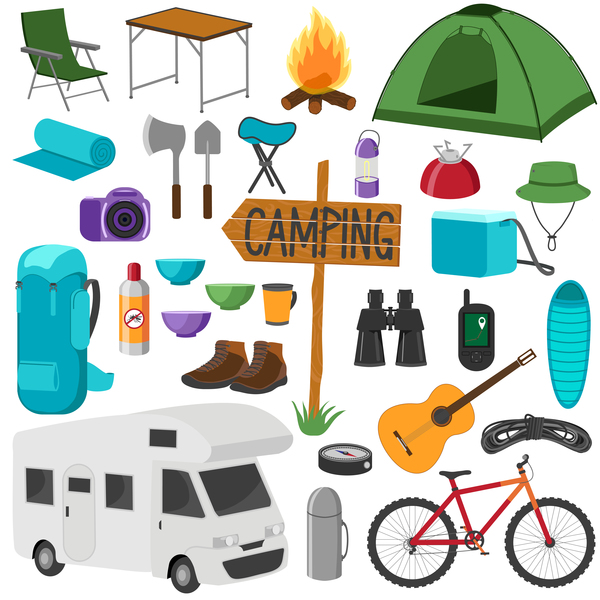Camping equipment design elements vector set 07