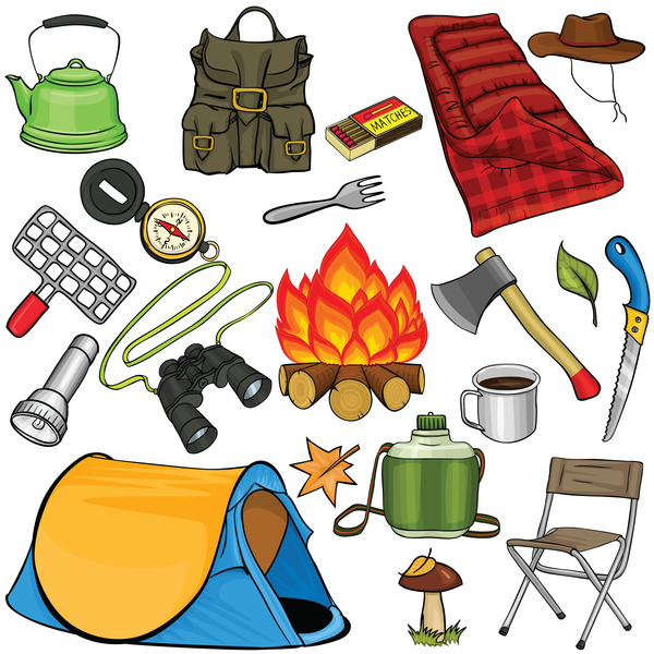 Camping equipment design elements vector set 08
