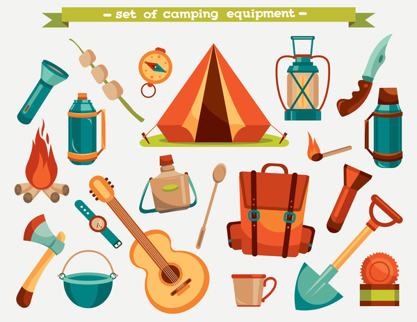 Camping equipment design elements vector set 09