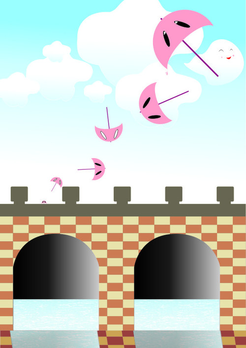 Cartoon Bridge and Flying Umbrella vector