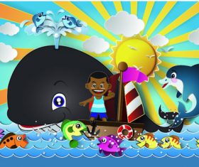 Cartoon nautical children and fish vector