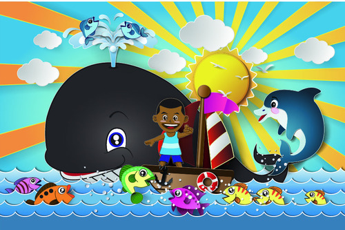 Cartoon nautical children and fish vector