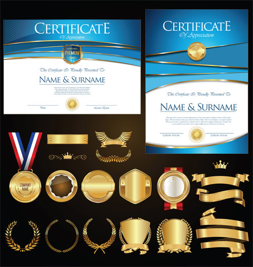 Certificate badges labels shields and laurels vector kits 04