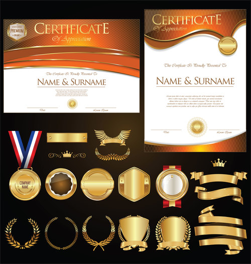Certificate badges labels shields and laurels vector kits 05