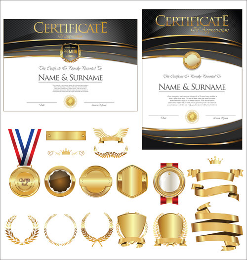 Certificate badges labels shields and laurels vector kits 06