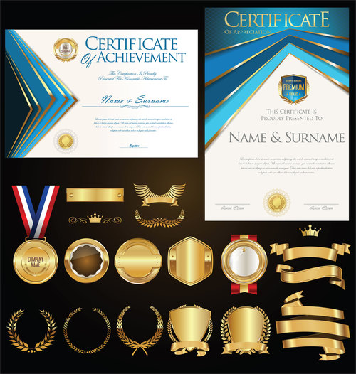 Certificate badges labels shields and laurels vector kits 07