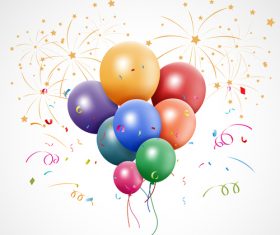 Confetti with balloons and firework background vector