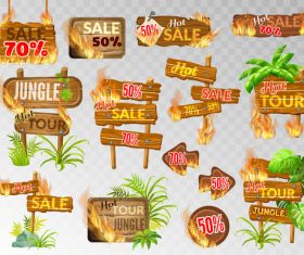 Discount wooden sign with fire flame vector 01