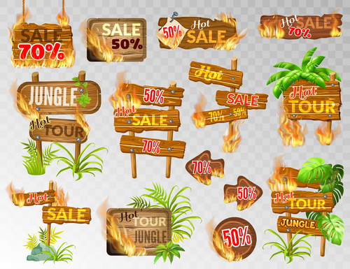 Discount wooden sign with fire flame vector 01