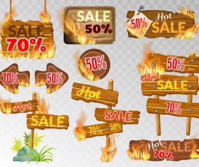 Discount wooden sign with fire flame vector 02
