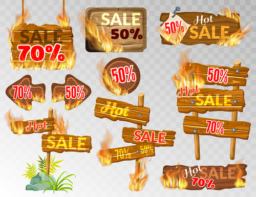 Discount wooden sign with fire flame vector 02
